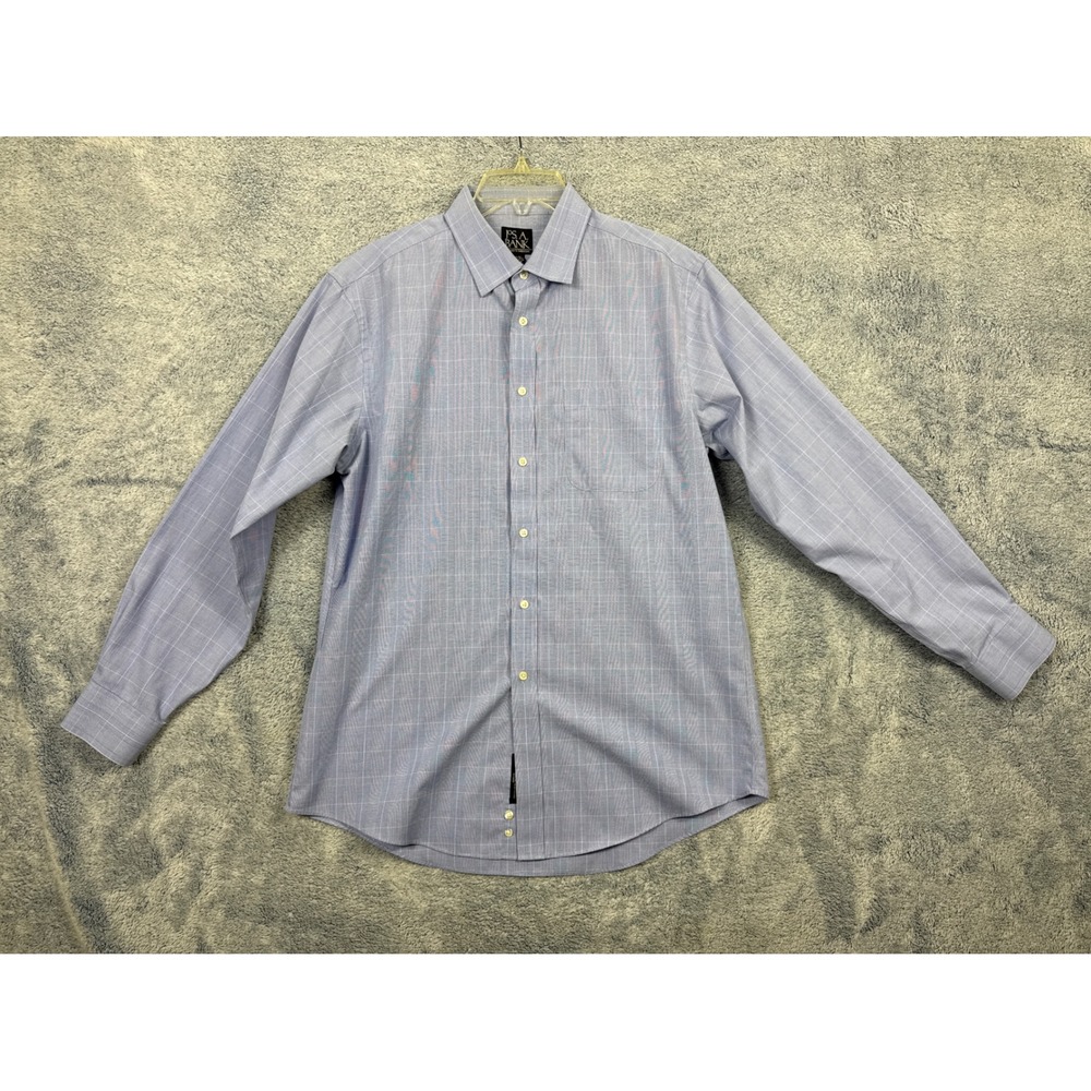Jos. A. Bank Mens 16.5-34 Blue Plaid Traveler Slim Fit Cotton Button Down Shirt